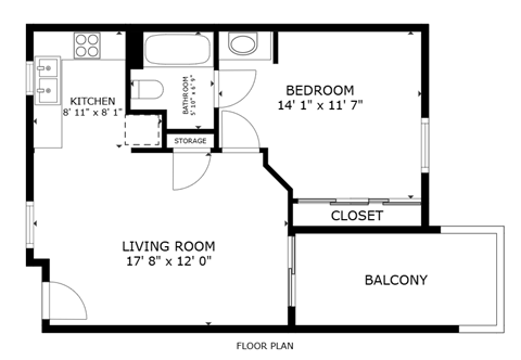 Floor plan for 1 bed, 1 bath, 650 sqft